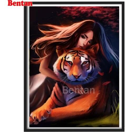 New Arrival Full Diamond Embroidery Girl and tiger Pattern Mosaic 5D DIY Diamond Painting Kit Cross Stitch Craft Home Decoration