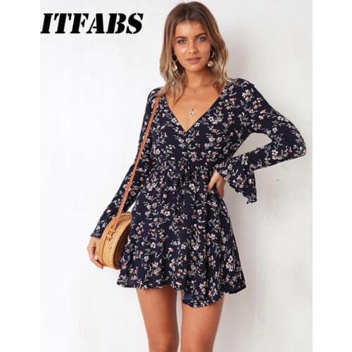 New Fashion Casual Womens Ladies Long Sleeve Boho Evening Party Dresses Summer Floral Beach Mini Dress
