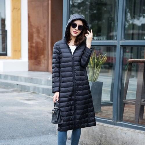 Autumn winter Womens over knee Long down jacket Casual Slim Lightweight Hooded Down Coat All-Match Long Sleeve thin Windbreaker