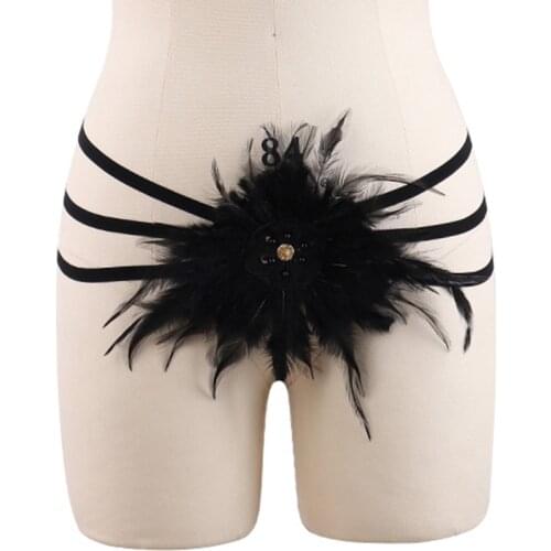 Fetish Wear Feather Body Cage Harness Harajuku Goth Sexy Lingerie Black Feather Bondage Harness Belt Body suit Bottom Panties