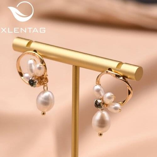 XlentAg Original Fresh Water Pearl Earrings Handmade Round Earrings For Women Bride Wedding Black Zircon Fine Jewelry GE0781