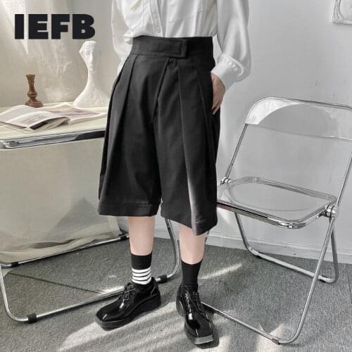 IEFB 2021 New Niche Design Pasted High Waist Khaki Causal Wide Leg Shorts Summer Korean Trend Mens Knee Length Pants 9Y7369