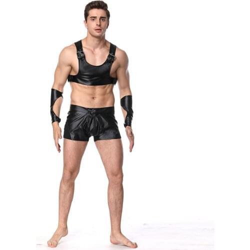 Black Sexy Faux Leather Sleeveless Tops and Panties Men Pole Dance Costume Gay Addicted Fetish Vest Clothing Vinyl Men Clothes