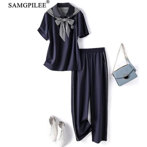 Pants Sets Summer 2021 New Fashion Short Sleeve Casual Polo Collar Elastic Waist Ankle-length Striped Two Piece Set For Women