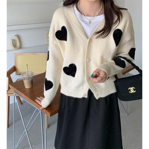 Heart Sweater Cardigans Women V Neck Full Sleeve Lazy Wind Sweater Tops Women 2022 Autumn Pink Sweet Knitwear Female CX2206