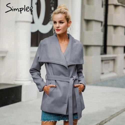 Simplee Wool blend sashes winter coat women Casual wool jacket female coat autumn Loose turn down short overcoat femme 2017