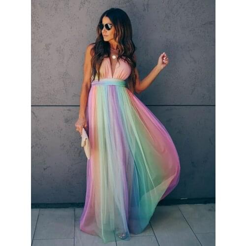 2021 New Deep V Neck Party Dress Sexy Backless Beach Dress Sleeveless Mesh Net Prom Dress Women Long Robes