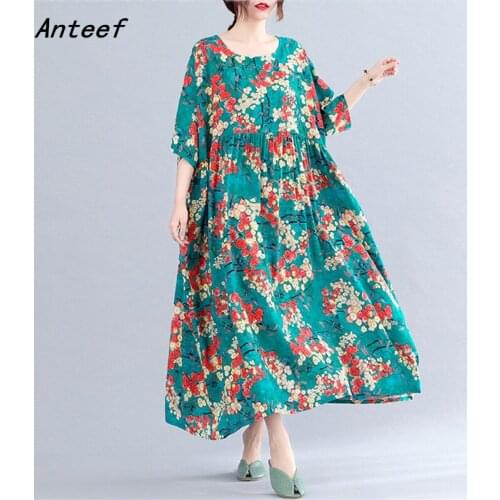 Short sleeve cotton vintage floral dresses for women casual loose long summer dress elegant clothes 2021 sundress