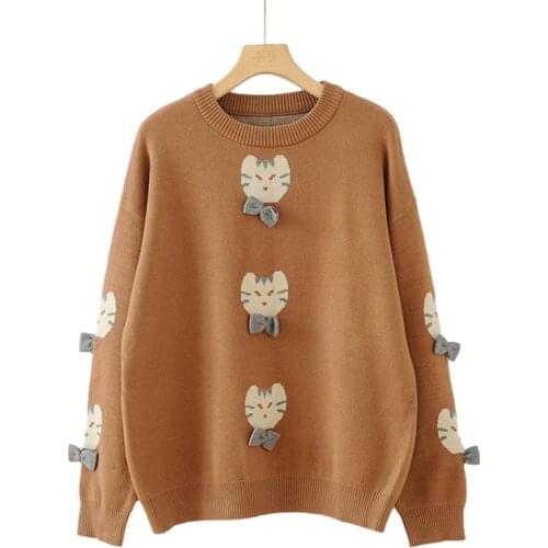 Winter Knitted Sweater Women Brown Vintage Kawaii Cat Cartoon Pullover Teen Girls 2021 Korean Cute Fashion Long Sleeve Jumpers