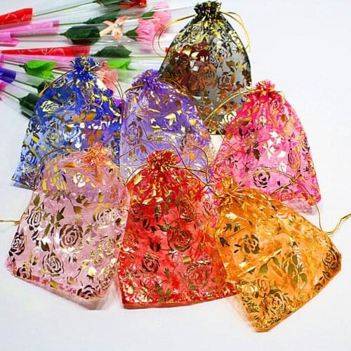 10Pcs/lot Drawstring Bags Gift Bags & Pouches 13x18cm Random Mixed Gold Drawable Organza