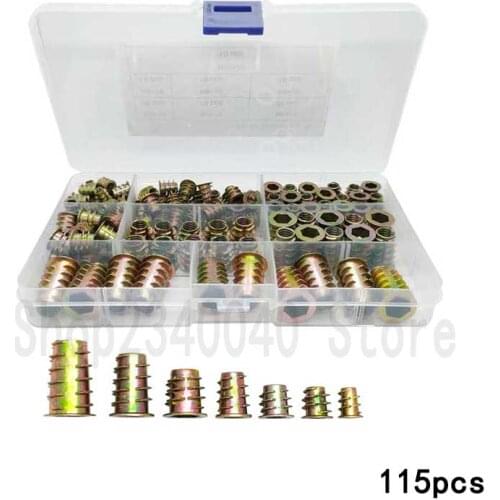 115pcs/set Threaded Hex Insert Nut Driver Wood Screw Inserts Nuts Kit Furniture Hex Socket Screw Inserts M4 M5 M6 M8 M10*25mm