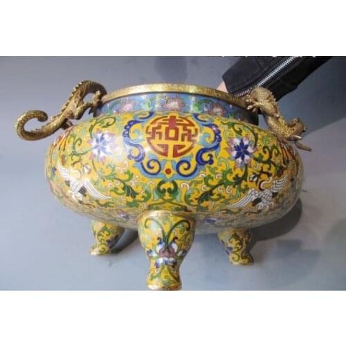 9.5 100% Pure Bronze Copper Cloisonne 24K Gold Two Dragon incense burner Censer