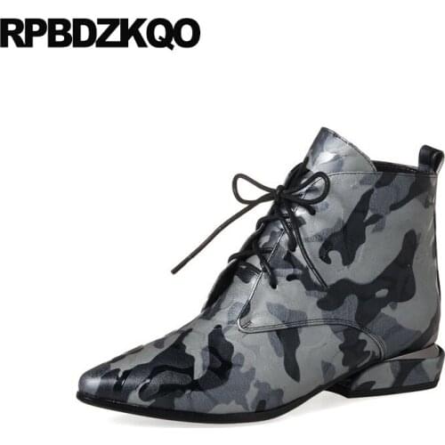 Booties Autumn Boots Ankle Camouflage High Quality Lace Up Fall Gray Genuine Leather Designer Shoes Women Luxury 2017 Pointed