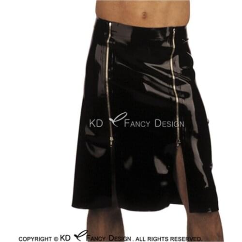 Black Sexy Latex Kilt With Two Zipper Front And Slit Rubber Skirts Bottoms Uniform DQ-0044