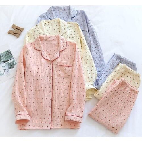 Cotton Home Suits Korean Sleepwear Pink Cherry Print Pajamas for Women Summer Pyjamas Girls Pijama Short Long Sleeve Loungewear