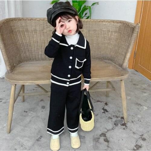 Mihkalev Black color girls autumn winter clothes 2020 kids clothes girl knitting clothing set coat+pants 2pecs child tracksuit