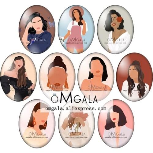 Fashion modern girl women illustrations 10pcs 13x18mm/18x25mm/30x40mm Oval photo glass cabochon demo flat back Making findings