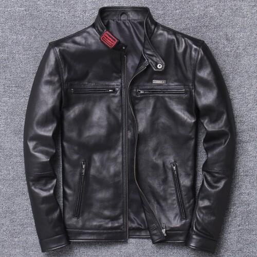 Locomotive Genuine Sheep Skin Trend Jacket Man Leather Clothing Self-cultivation Short A Stand Vintage