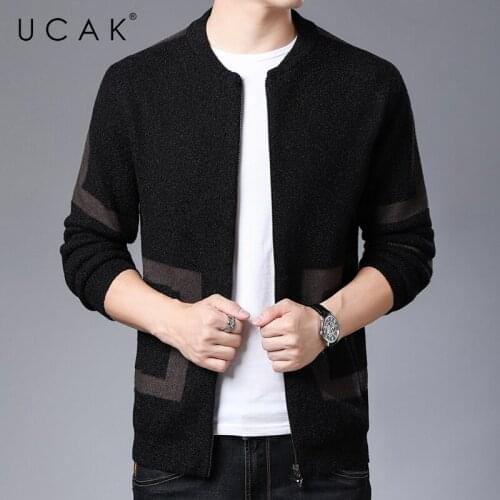 UCAK Brand Classic Casual V-Neck Zipper Cardigans Men Sweatercoat Clothing Autumn Streetwear Striped Cardigan Pull Homme U1260