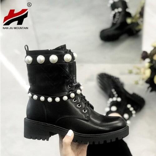 NAN JIU MOUNTAIN 2020 Women Boots Autumn Pearls Short Boots Fashion Womens Shoes Outdoor Leisure Solid Color Plus Size 41