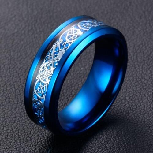 New blue Dragon Ring For Men Wedding Stainless Steel Carbon Fiber Gold Dragon Inlay Comfort Fit Band Ring Fashion jewelry