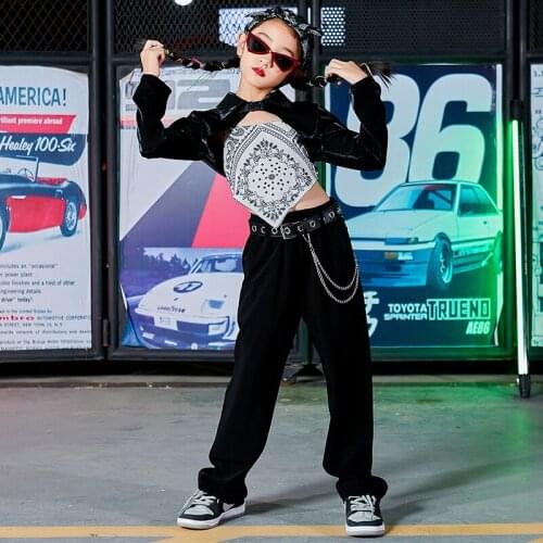 Hip-Hop Street Dancewear Jazz Dance Outfit Black Girls Set Kpop Outfit Cheerleader Uniform Stage Costume Cargo Pants DL8390