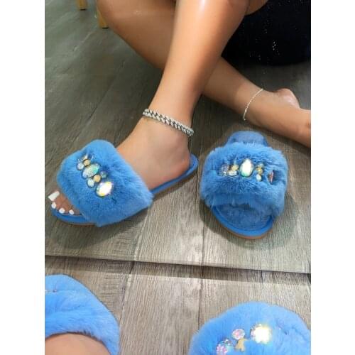 Solid Color Plush Slippers Open Toe Rhinestone Womens Shoes Flat Sandals Outdoor Casual Womens Shoes Plus Size