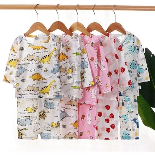 Children Summer Cotton Tracksuits Thin Full Sleeve Pajama Outfits Strawberry Cartoon Breathable Baby Boy Teen Girls Clothing