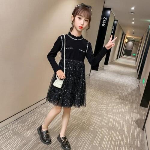 Girls Dress 2021 New Spring Casual Style Black Patchwork Long Sleeve Stars Print Design For Princess Kids Lace Children