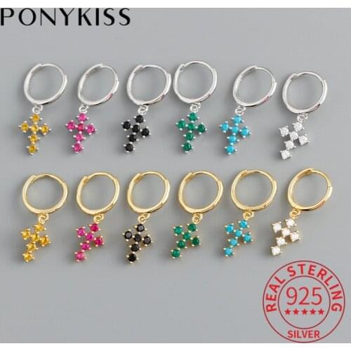 PONYKISS Office S925 Sterling Silver Colorful Zircon Cross Huggie Hoop Earrings for Women Party Delicate Accessory Jewelry