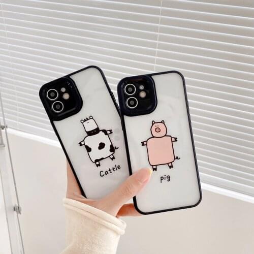 Retro line doodle funny pig cow Transparent Phone Case For iPhone 11 12 Pro Max Xs Max XR Xs 7 8 Plus 7Plus case Cute Soft Cover