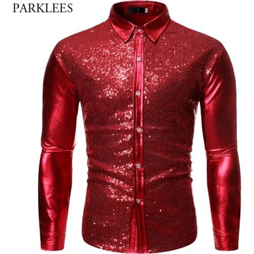 Luxury Red Glitter Sequin Shirt Men Long Sleeve Mens Shiny Disco Party Shirts Casual Slim Fit Stage Dance Prom Costume Chemise