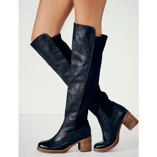 New Winter Women Black Round Toe Square Heel Slip On Knee High Boots Elastic Knight Long Boots Lady