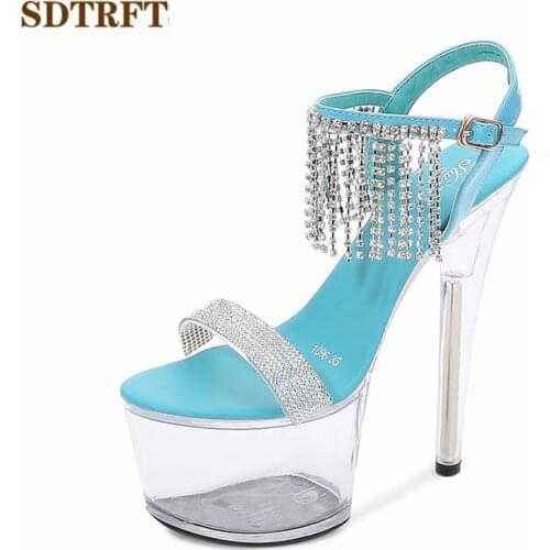 SDTRFT Transparent Stilettos zapatos mujer 13 15 17cm thin heels platform diamond Tassels SM sandals shoes woman Wedding pumps