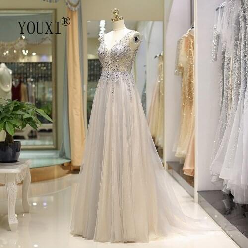 YOUXI 2019 Evening Dresses New Design Sexy Light Illusion Tulle Beading V-Neck Sleeveless Elegant A-Line Long Prom Formal Gowns
