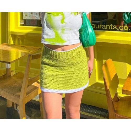 Women A-Line Mini Skirt Casual High Waist Color Block Above Knee Crochet Short Skirt Girls Summer High Street Skirts S-L