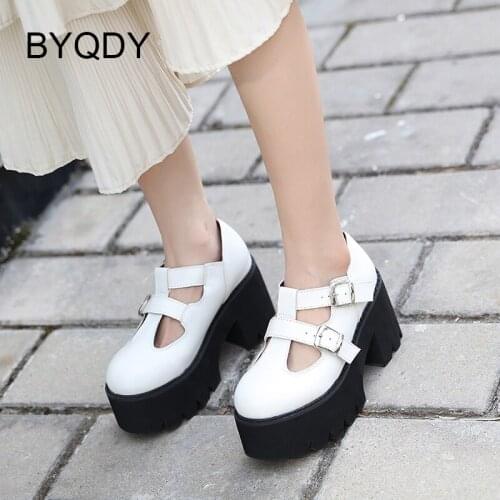 BYQDY Autumn White Sweet Lolita Mary Janes Shoes Woman T-Strap Buckle Comfy Walking Platform Pumps Brand Design High Quality