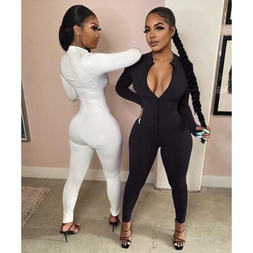 Women Solid Color One Piece Jumpsuit Zipper Front Long Sleeve Fitness Rompers Playsuits