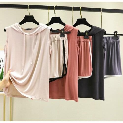 Modal Womens Summer Thin Hooded Vest Shorts Two-Piece Suit Large Size Loose Outer Wear Home Clothes Bottoming Pajamas Set