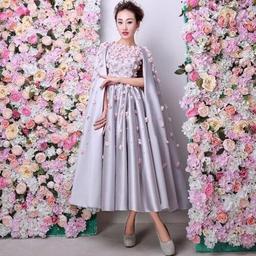 Elegant Tea-length Prom gown Pink Flowers Pearls Stunning Evening Coat Vestido de Formatura 2018 Mother of the Bride Dresses