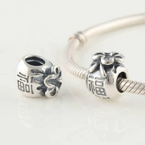 100% Genuine 925 Sterling Silver Jewelry Charm Bead Chinese "FU" word Charms DIY Fits Silver Charm Bracelets For Wome Wholesale