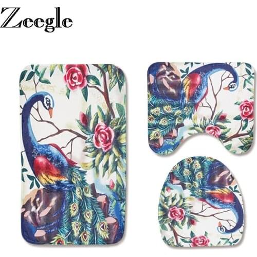 Zeegle Peacock Printed Bathroom Mat Non-slip Carpet Bathroom 3Pcs Mat For Toilet Bath Carpet Anti-slip Floor Mat Bathroom Rug