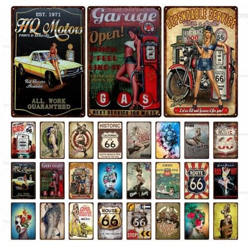 America Route 66 Wall Plate Poster Pin Up Girl Tin Sign Vintage Metal Plaques Decor For Garage Motor Car Club Art Iron Painting