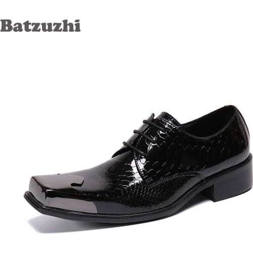 Batzuzhi Black Genuine Leather Dress Shoes Men Handmade MENs Leather Shoes Lace-up Square Metal Toe Business Leather Shoes
