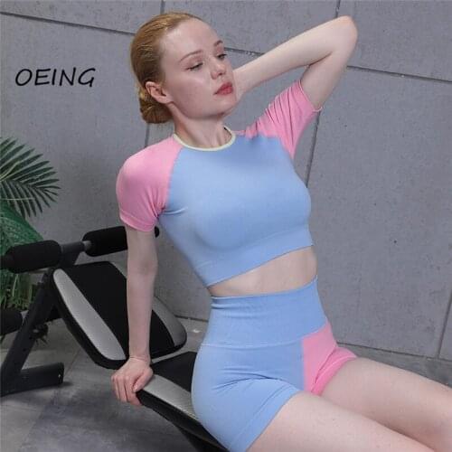 Seamless Biker Shorts Fashion Patchwork Gym Clothing Yoga Set 2021 Gym Set Women 2 Piece Set Women