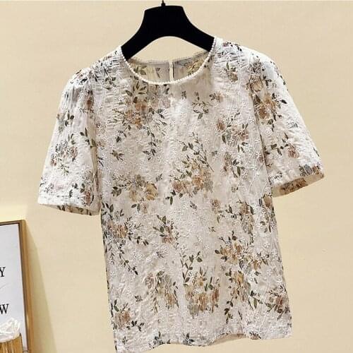 Elegant Lace Embroidery Hollow Out Shirt 2021 Sweet Summer Women Tops Print O-neck Floral Chiffon Blouse for Women Blusa 15008