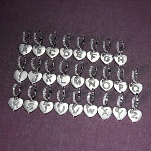 Dainty Female Crystal Letter A-Z Earrings Classic Silver Color Wedding Earrings For Women Vintage Bride Love Heart Hoop Earrings