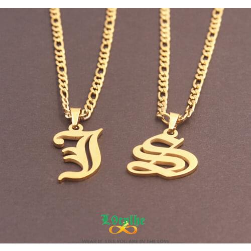 Old English Letters Initial Pendant Necklaces A B C D E F G H I J K L M N O P Q R S T U V W X Y Z Alphabet Necklace Figaro Chain
