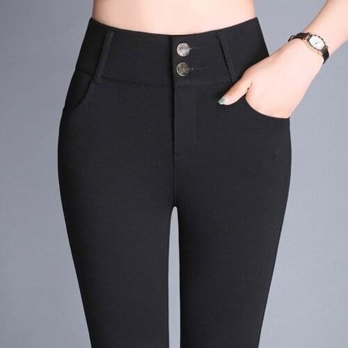 High Waist Leggings For Women Plus Size Spring Skinny Stretch Pencil Pants With 2Pcs Button Black Blue Wine Trousers Female