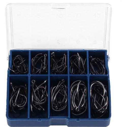 2020 hot Durable 1 Set 100 Pcs 10 Sizes Black Silver Fly Fishing Hook With Hole Carp Fishing Gear Hooks Tackle Carry Box New